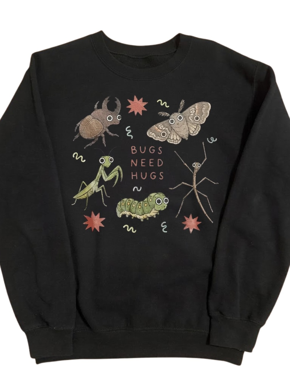 Bugs Need Hugs Black Graphic Crewneck Sweater, Gift For Her, For Him